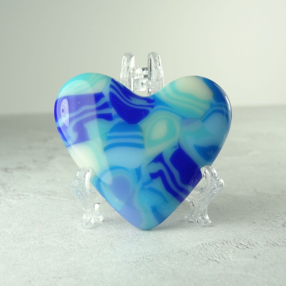 Handcrafted blue fused glass heart with a stand - 5 cm (+/-) (#0024)