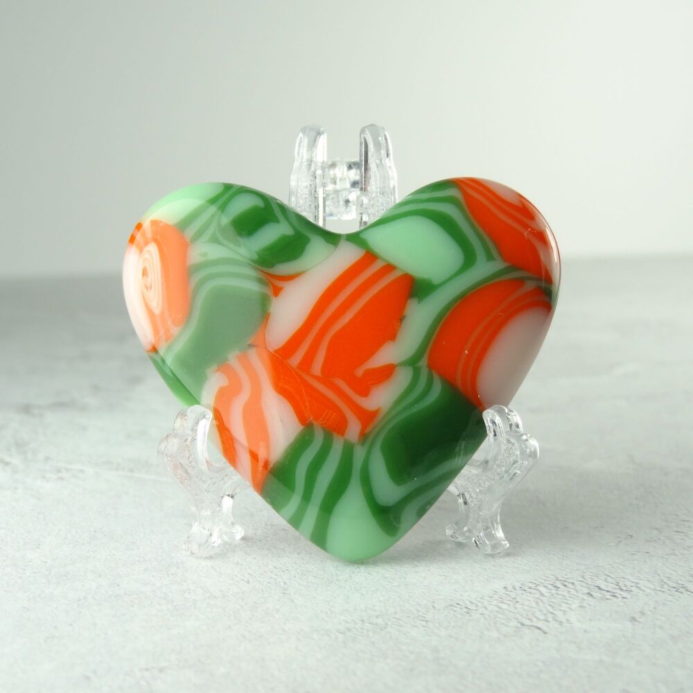 Handcrafted orange and green fused glass heart with a stand - 5 cm (+/-) (#0019)