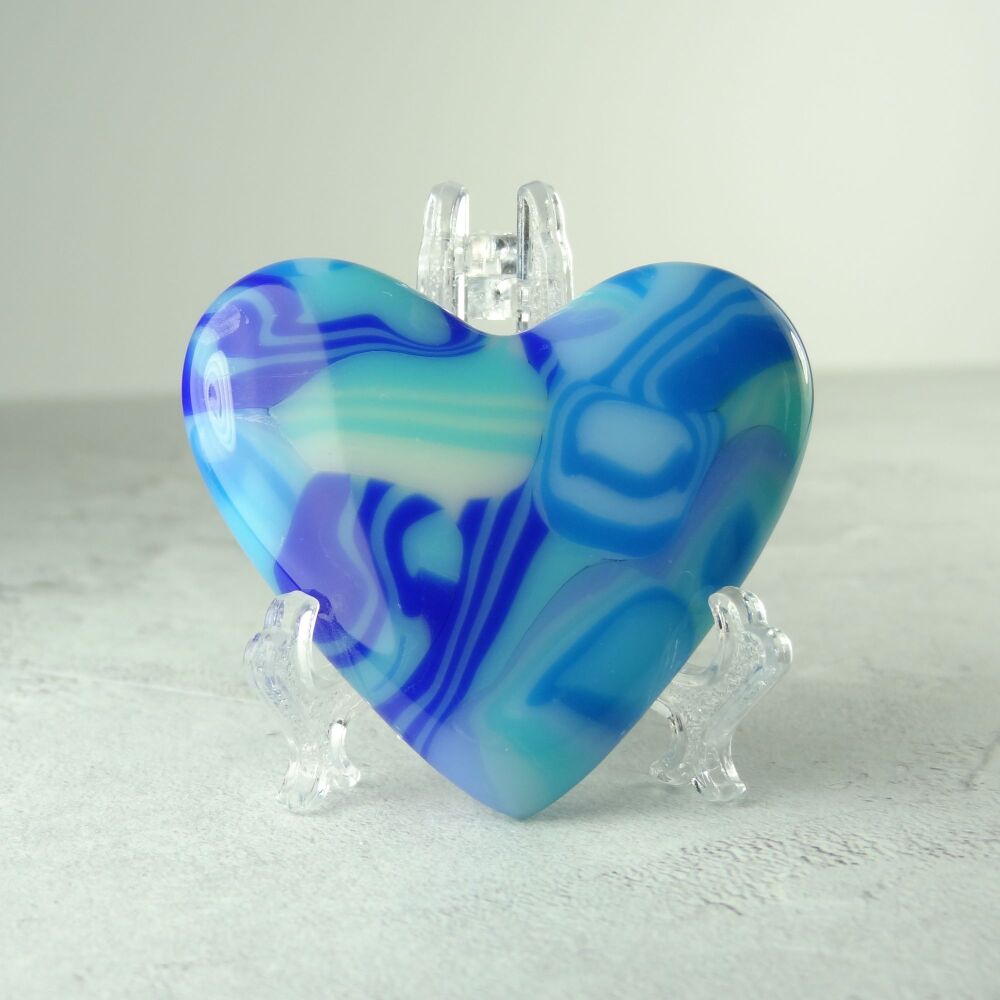 Handcrafted blue fused glass heart with a stand - 5 cm (+/-) (#0023)