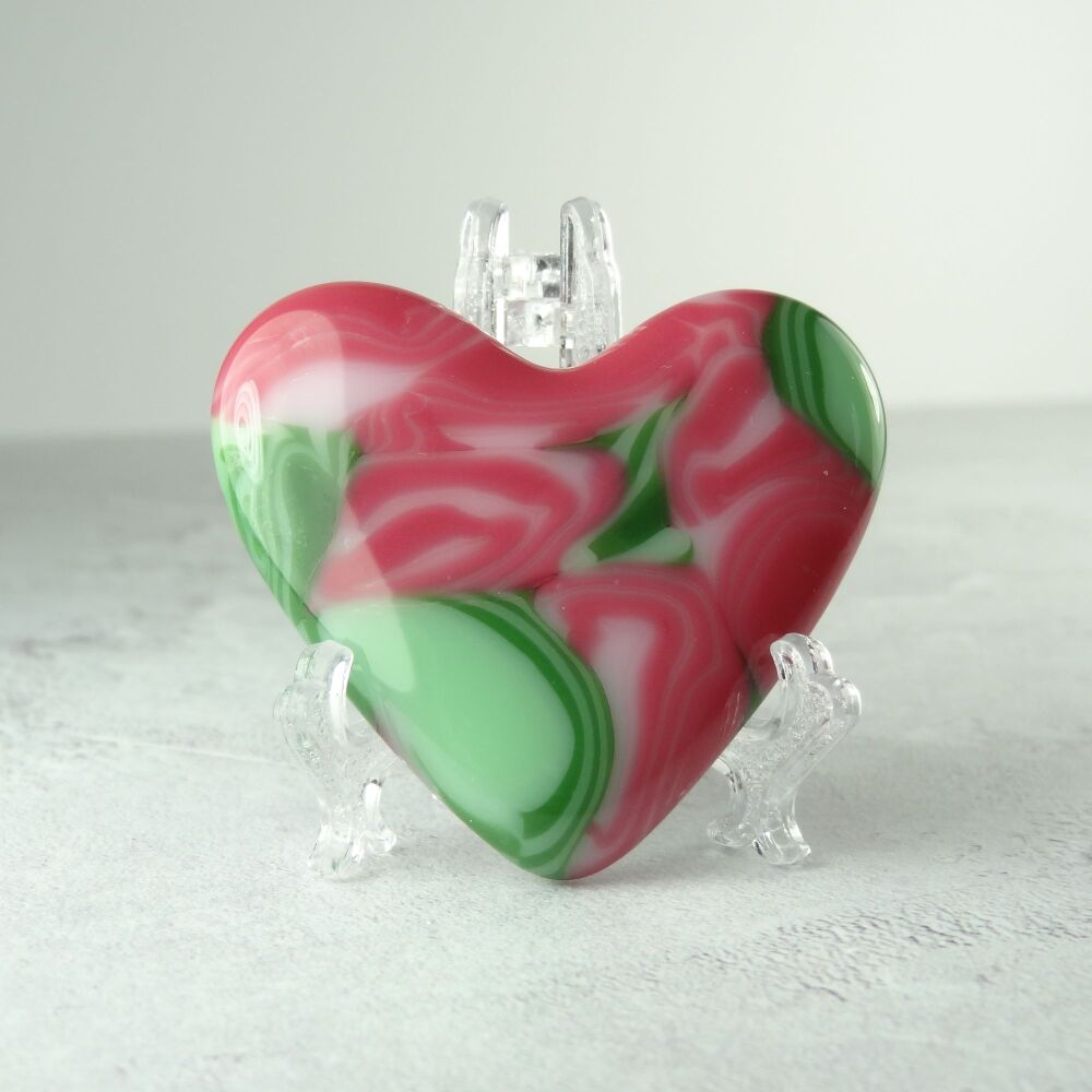 Handcrafted pink and green fused glass heart with a stand - 5 cm (+/-) (#0018)