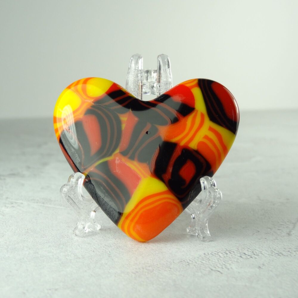 Handcrafted orange black red fused glass heart with a stand - 5 cm (+/-) (#0020)