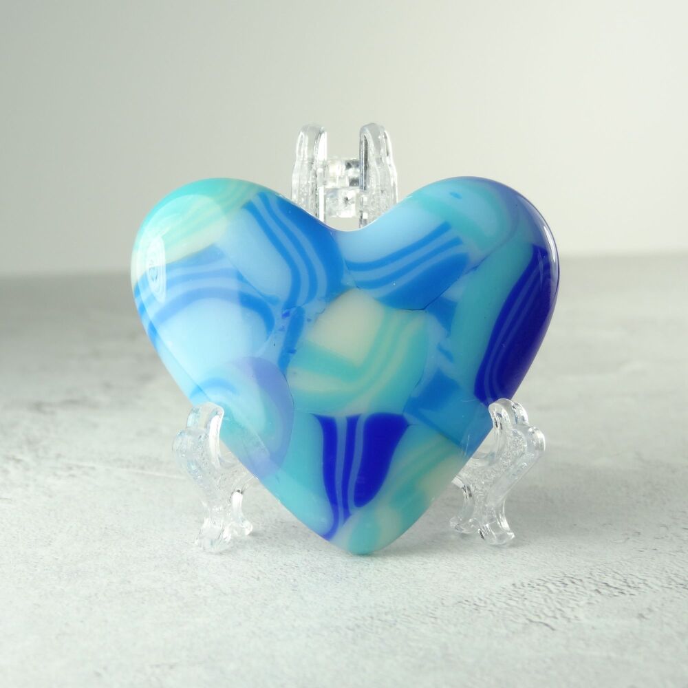 Handcrafted blue fused glass heart with a stand - 5 cm (+/-) (#0022)