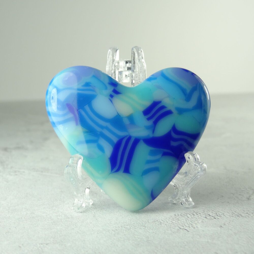 Handcrafted blue fused glass heart with a stand - 5 cm (+/-) (#0021)