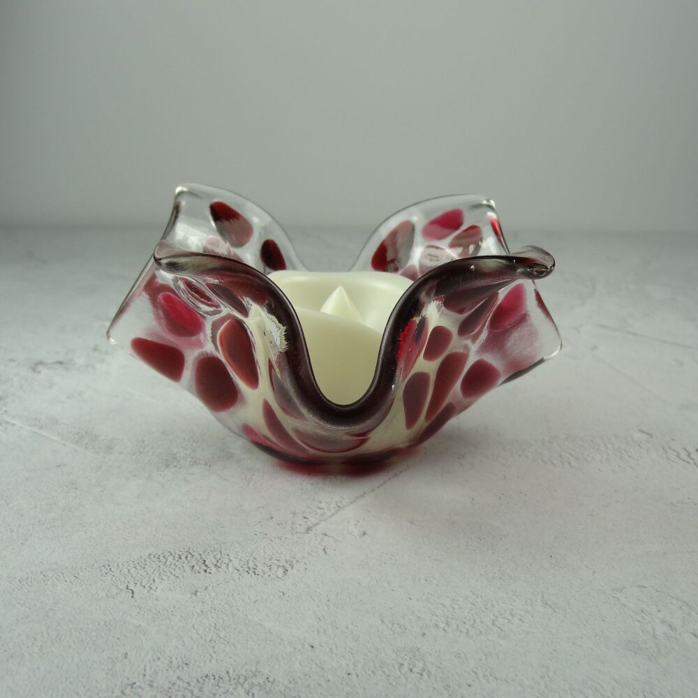 Handcrafted pink mosaic fused glass tealight/candle holder with LED flickering flame battery candle