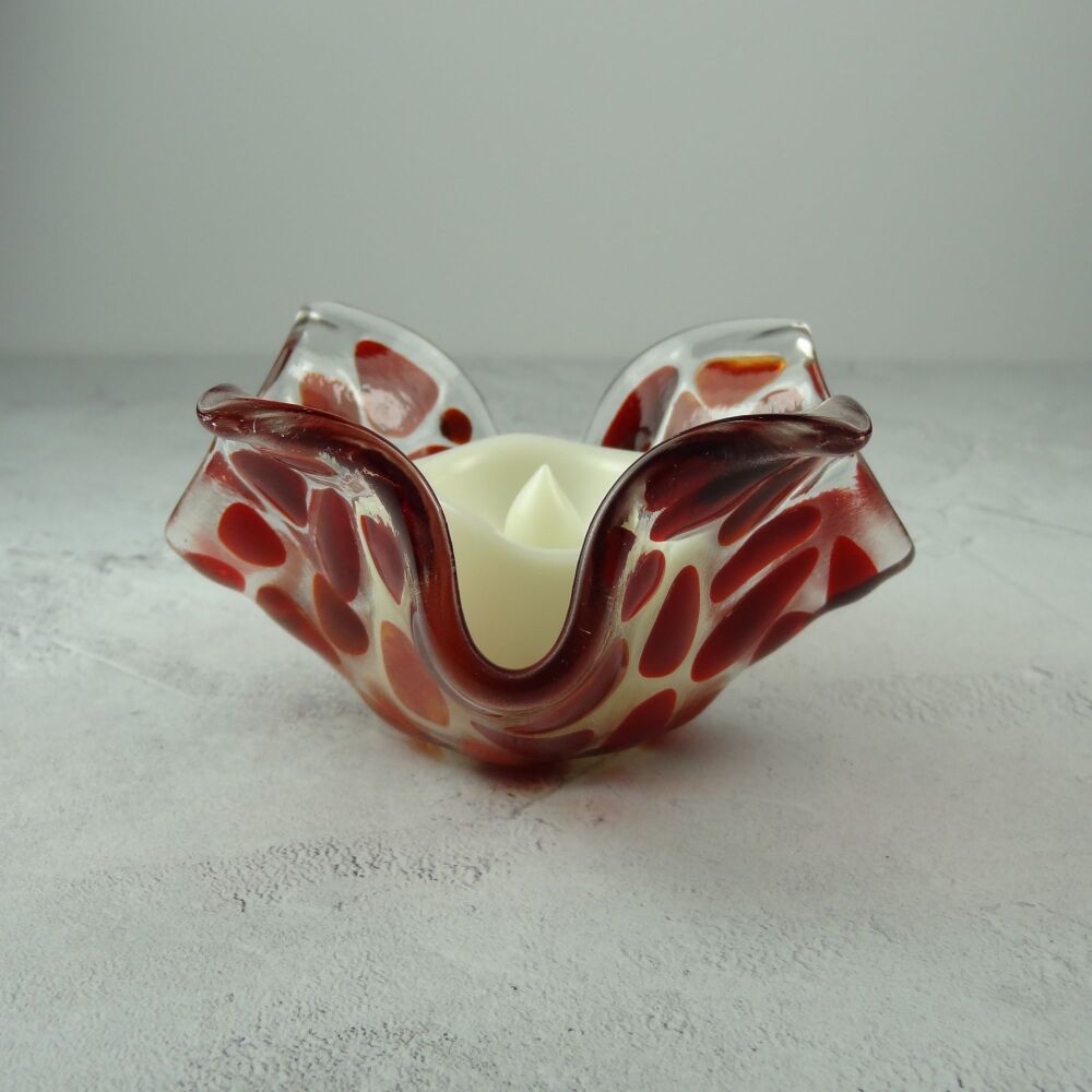 Handcrafted red mosaic fused glass tealight/candle holder with LED flickering flame battery candle