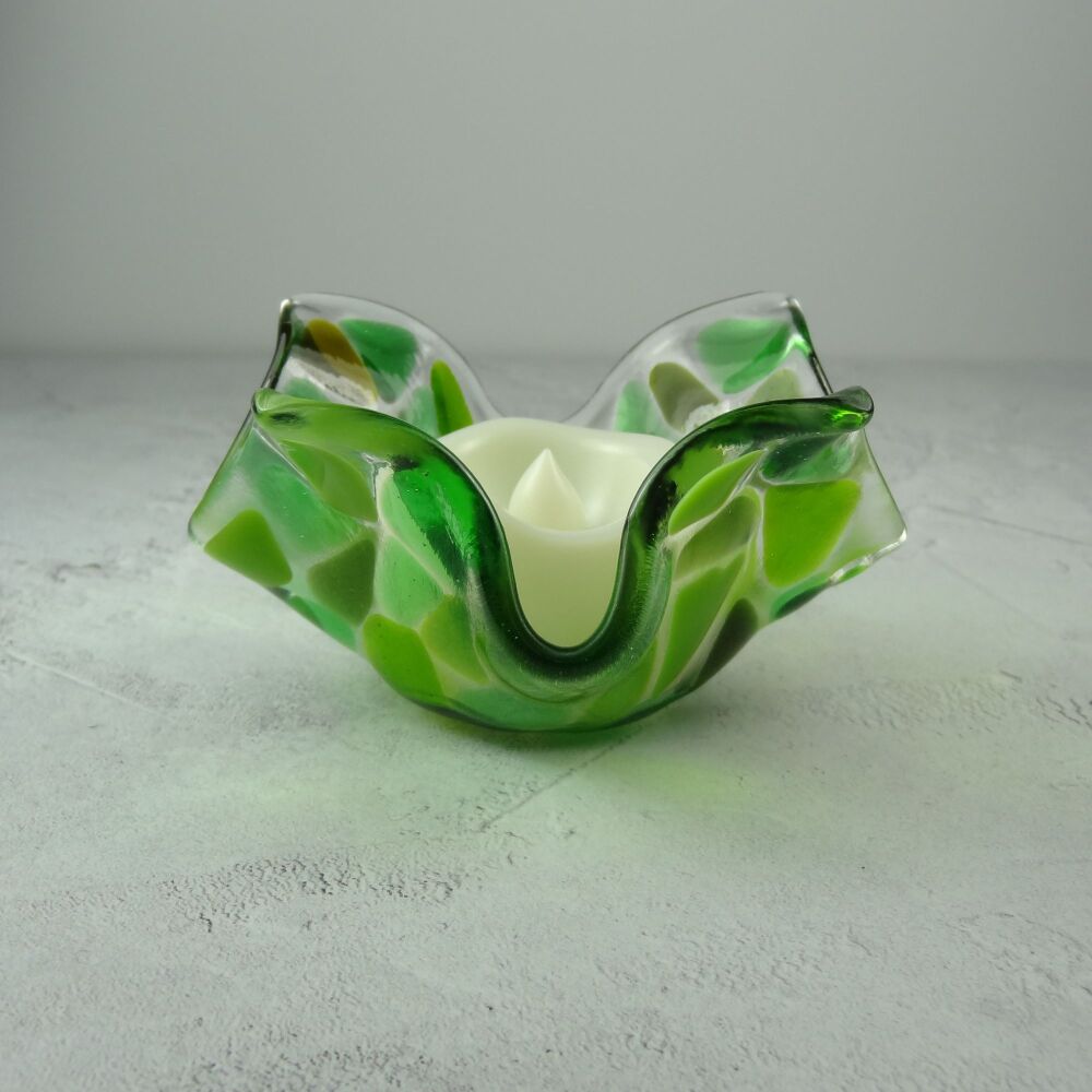 Handcrafted green mosaic fused glass tealight/candle holder with LED flickering flame battery candle