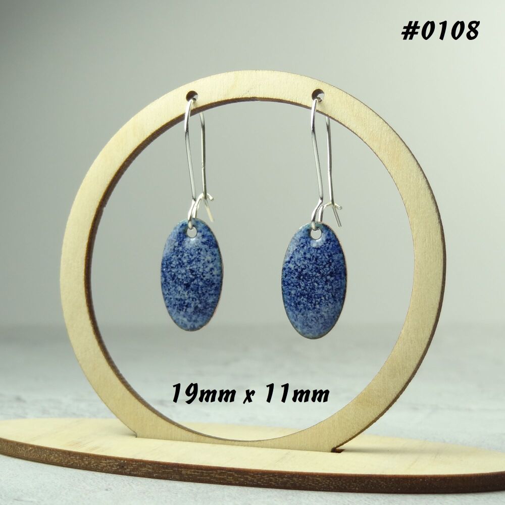 Handcrafted blue speckled glass enamelled copper oval shaped drop earrings, 19x11mm, on sterling silver wires, in a gift box (#0108)