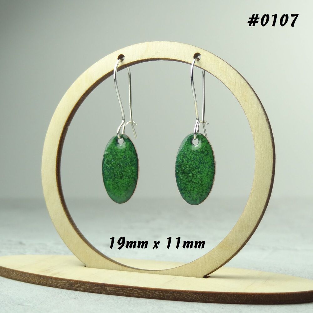 Handcrafted green speckled glass enamelled copper oval shaped drop earrings, 19x11mm, on sterling silver wires, in a gift box (#0107)