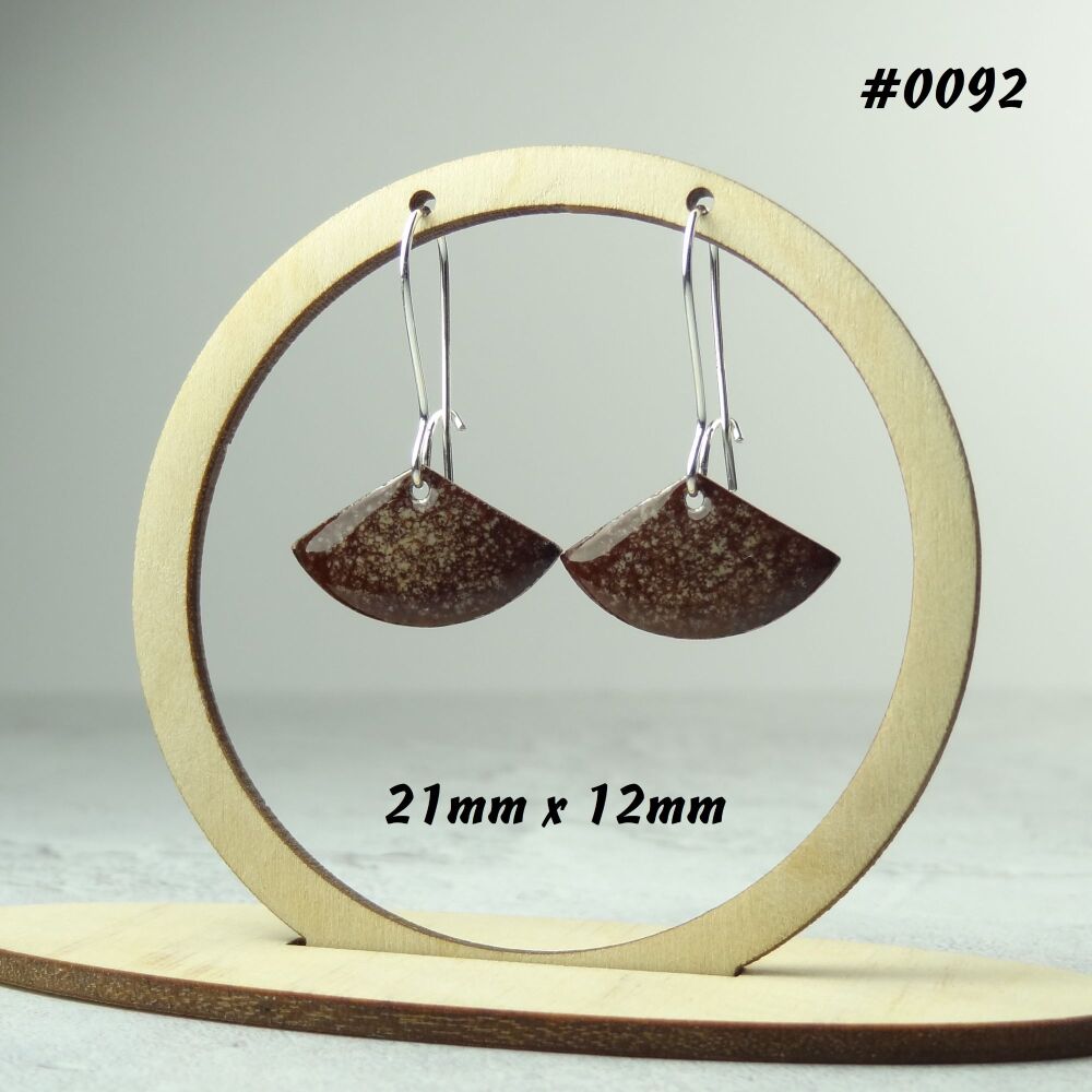Handcrafted brown and cream specked fan-shaped enamelled copper earrings, 21x12mm, on sterling silver wires, in a gift box (#0092)