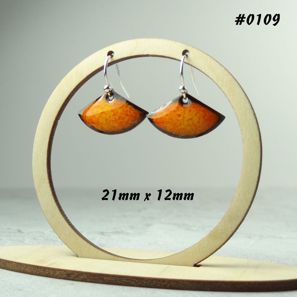 Handcrafted orange speckled fan-shaped enamelled copper earrings, 21x12mm, on sterling silver wires, in a gift box (#0109)