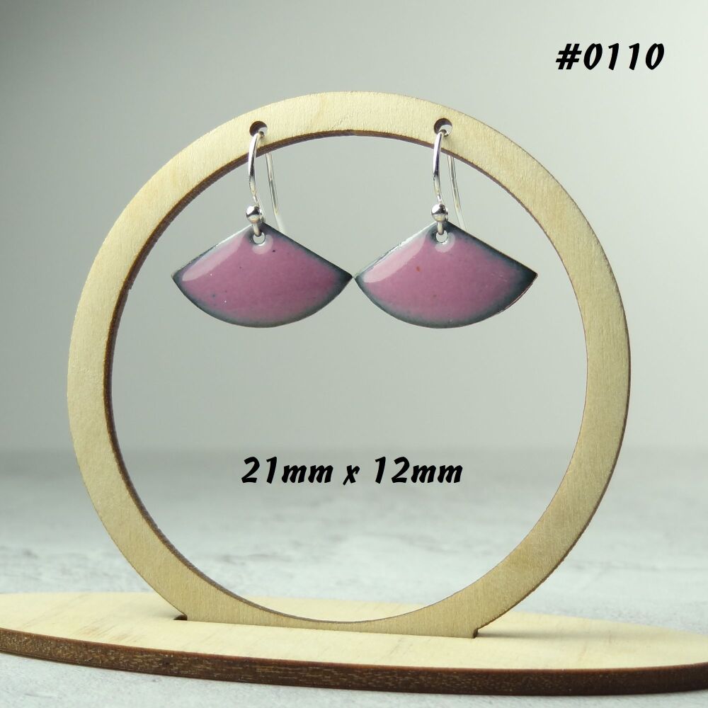 Handcrafted pink fan-shaped enamelled copper earrings, 21x12mm, on sterling silver wires, in a gift box (#0110)