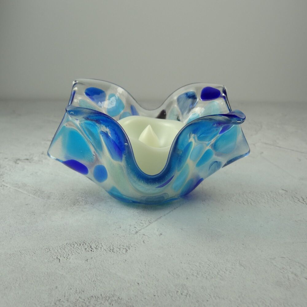 Handcrafted blue mosaic fused glass tealight/candle holder with LED flickering flame battery candle
