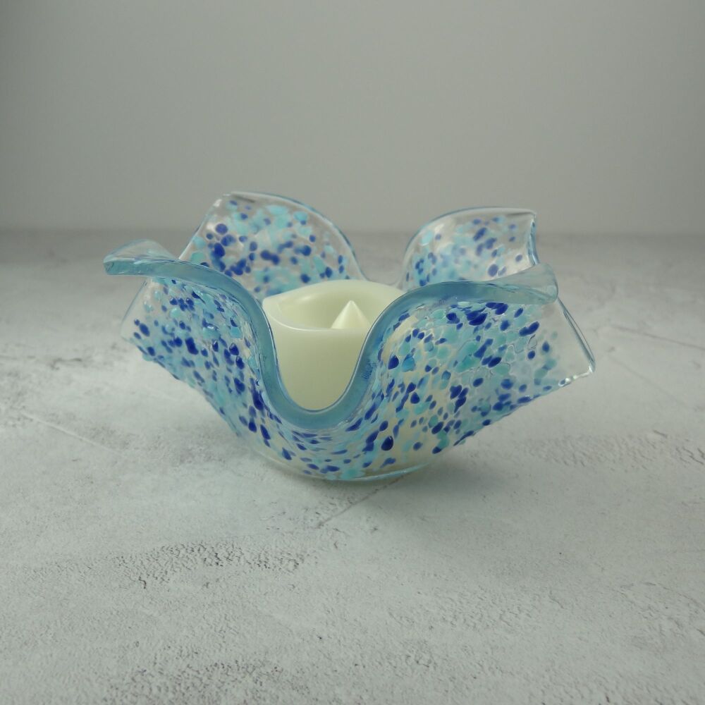 Handcrafted blue and turquoise speckled textured fused glass tealight/candle holder with LED flickering flame battery candle