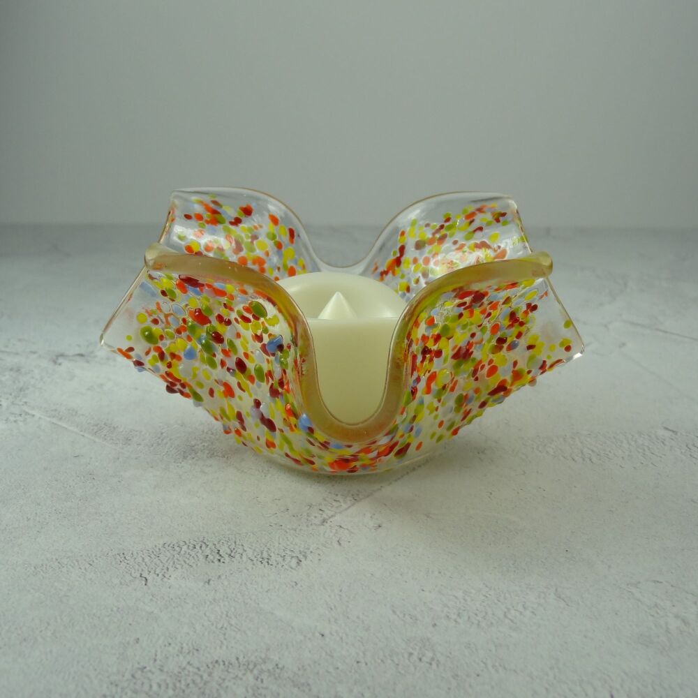 Handcrafted multi-coloured speckled textured fused glass tealight/candle holder with LED flickering flame battery candle