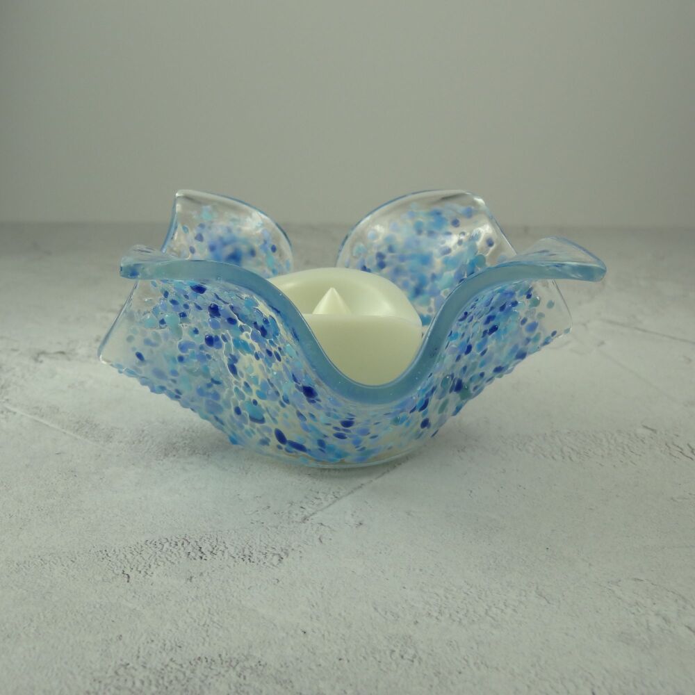 Handcrafted blue speckled textured fused glass tealight/candle holder with LED flickering flame battery candle