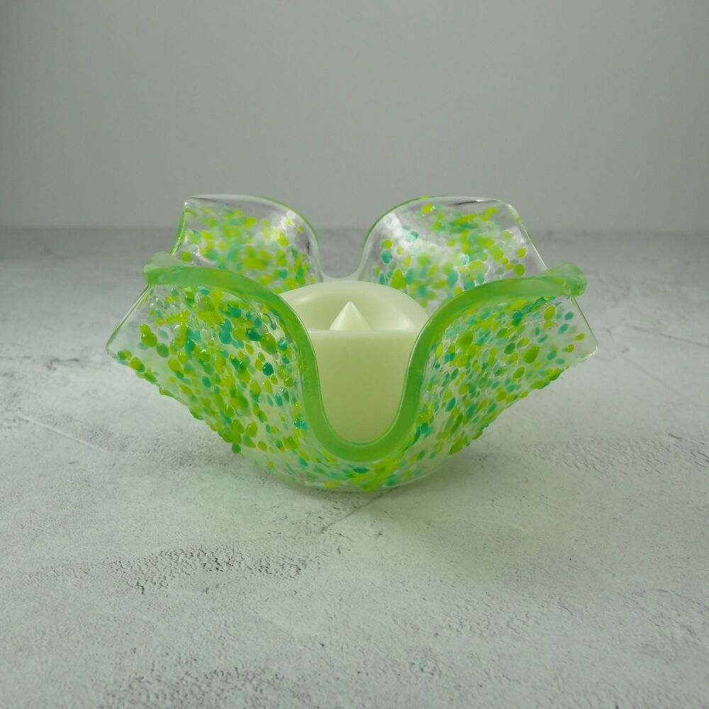 Handcrafted green speckled textured fused glass tealight/candle holder with LED flickering flame battery candle