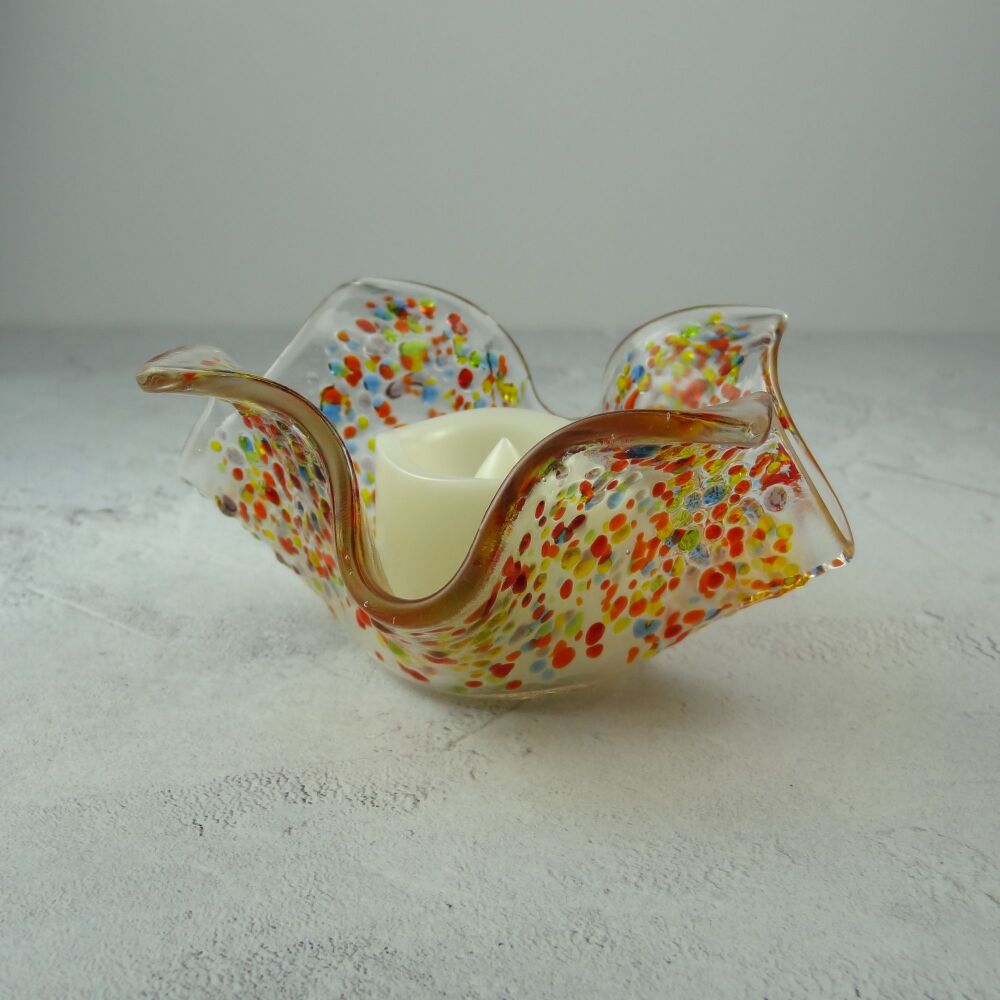 Handcrafted multi-coloured speckled textured fused glass tealight/candle holder with LED flickering flame battery candle