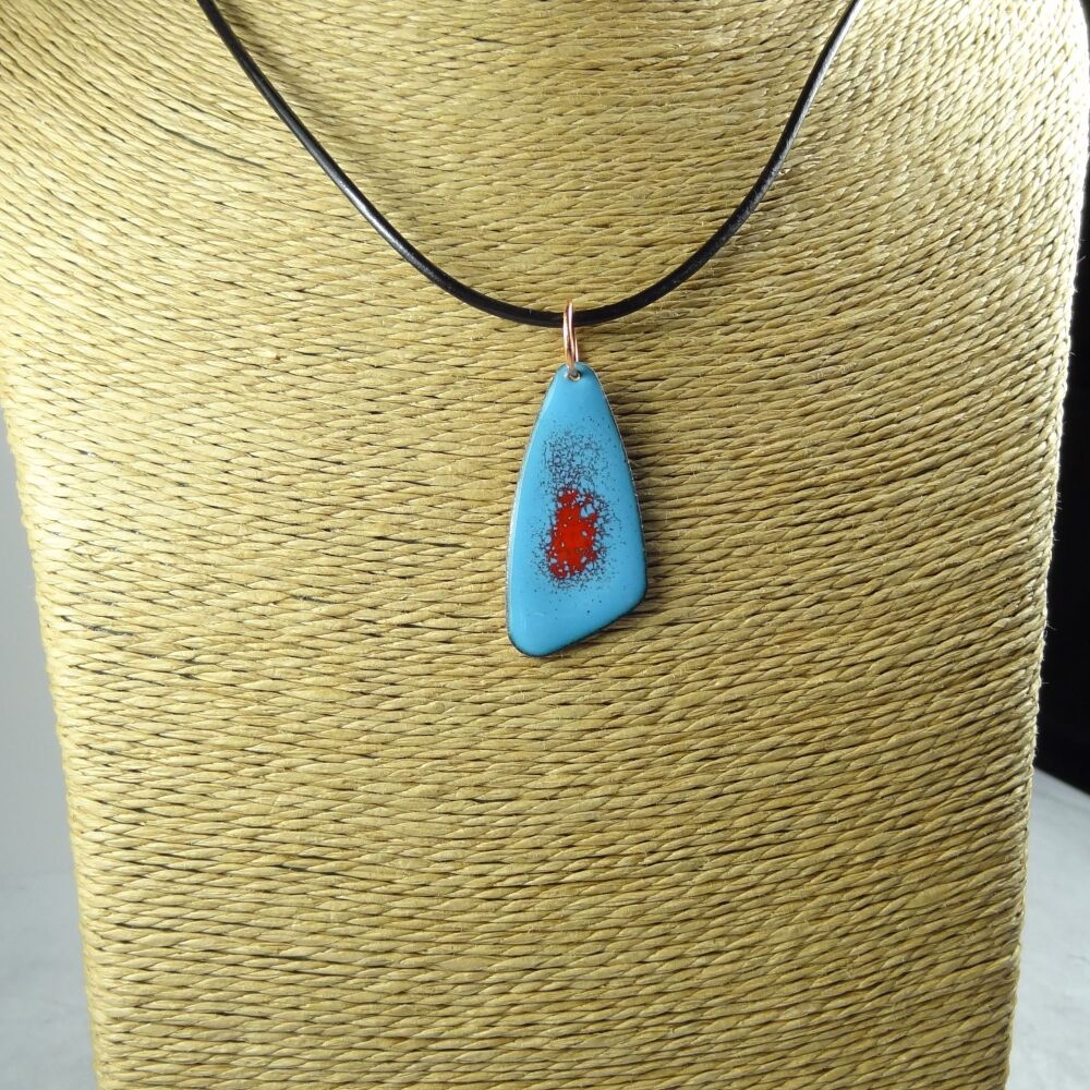 Handcrafted blue and red glass enamelled copper 38x18mm drop pendant, on an 18 inch black leather cord with lobster clasp (#0076)