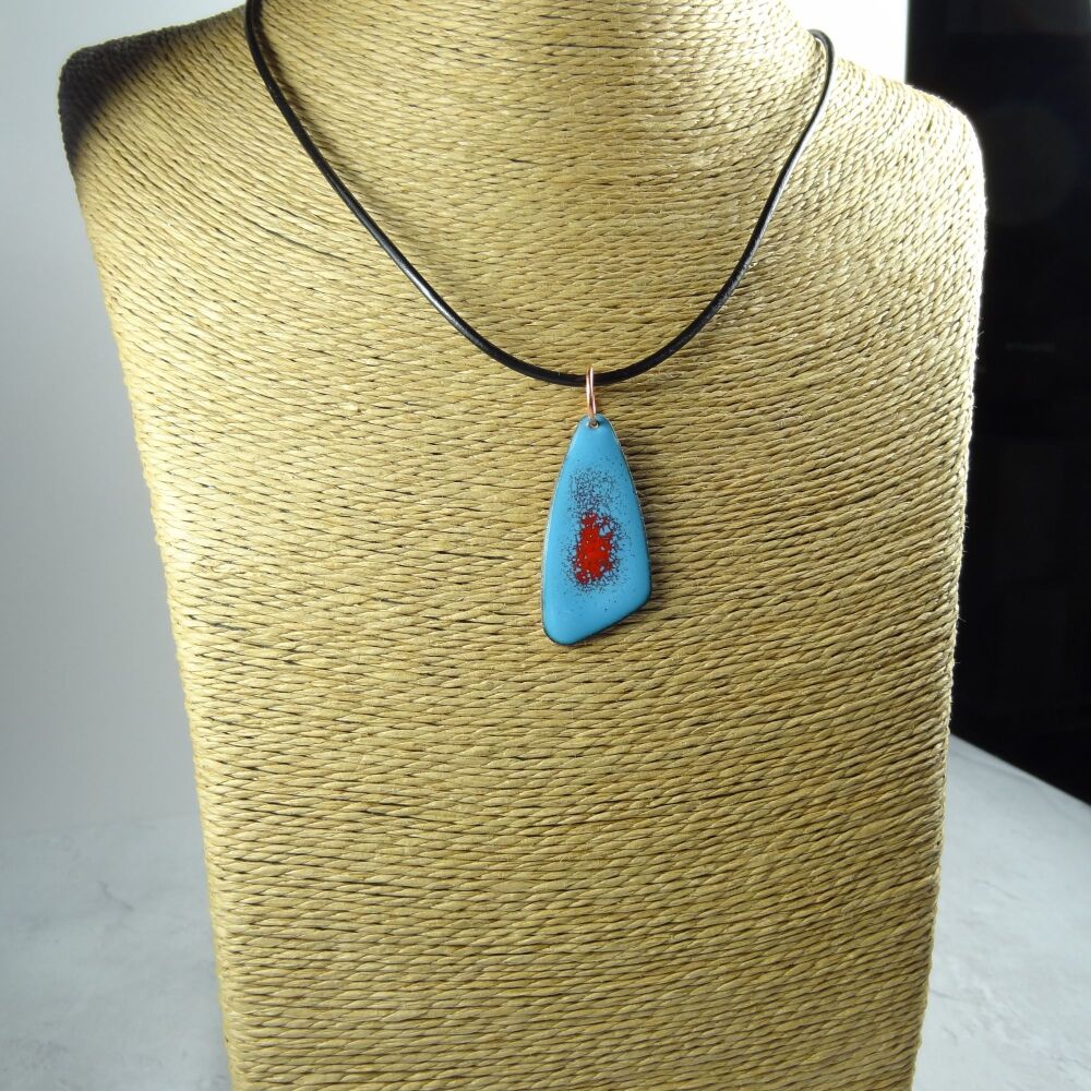 Handcrafted blue and red glass enamelled copper 38x18mm drop pendant, on an 18 inch black leather cord with lobster clasp (#0076)