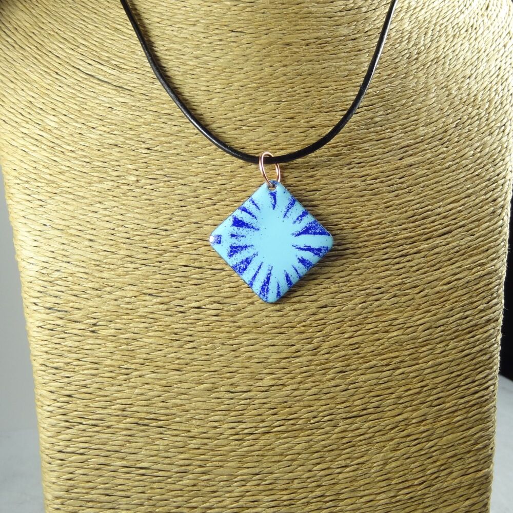 Handcrafted blue glass enamelled copper rhombus shaped 25mm pendant, on an 18 inch black leather cord with lobster clasp (#0105)