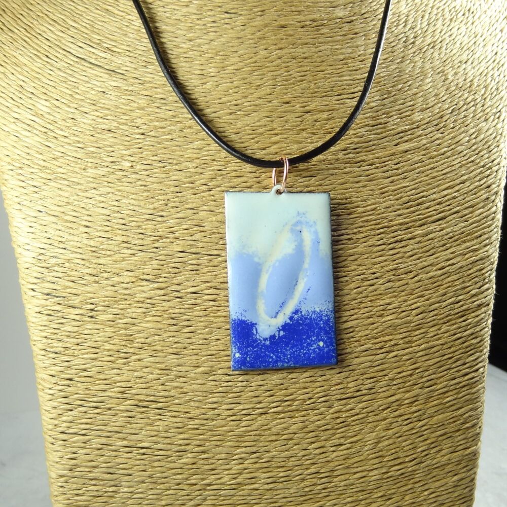 Handcrafted blue glass enamelled copper rectangular shaped 47x29mm pendant, on an 18 inch black leather cord with lobster clasp (#0116)