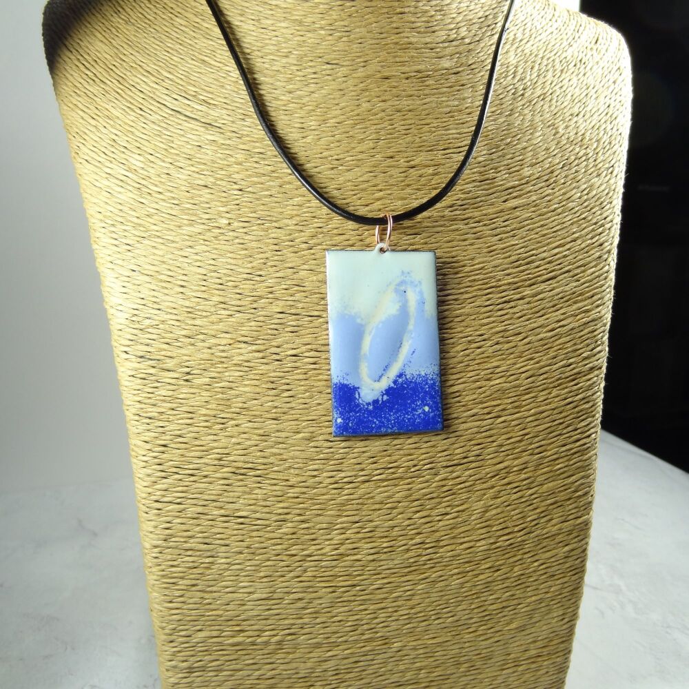 Handcrafted blue glass enamelled copper rectangular shaped 47x29mm pendant, on an 18 inch black leather cord with lobster clasp (#0116)