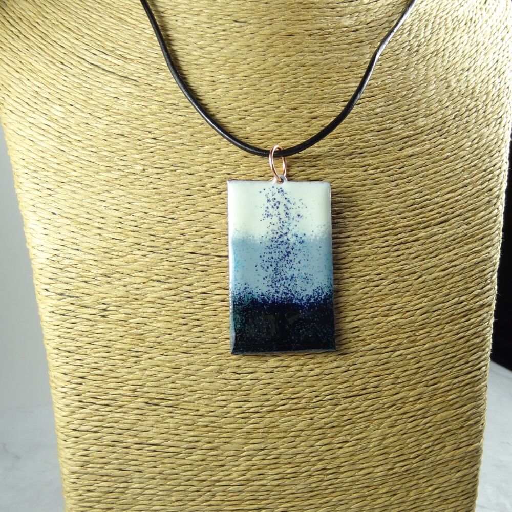 Handcrafted ivory grey black glass enamelled copper 47x29mm pendant, on an 18 inch black leather cord with lobster clasp (#0115)