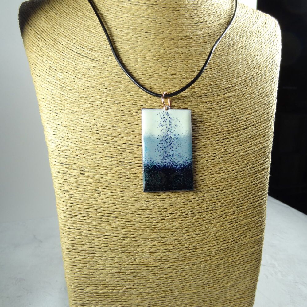 Handcrafted ivory grey black glass enamelled copper 47x29mm pendant, on an 18 inch black leather cord with lobster clasp (#0115)