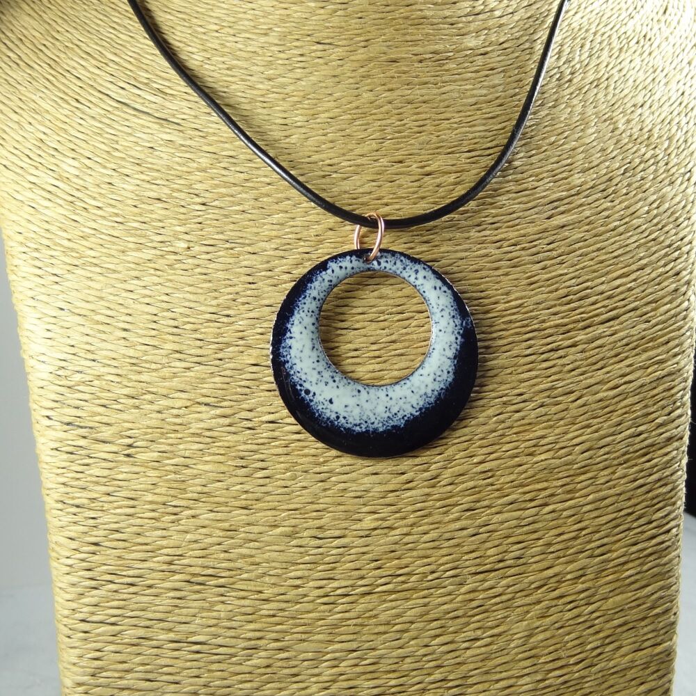 Handcrafted ivory and blue glass enamelled copper 38mm disc pendant, on an 18 inch black leather cord with lobster clasp (#0075)