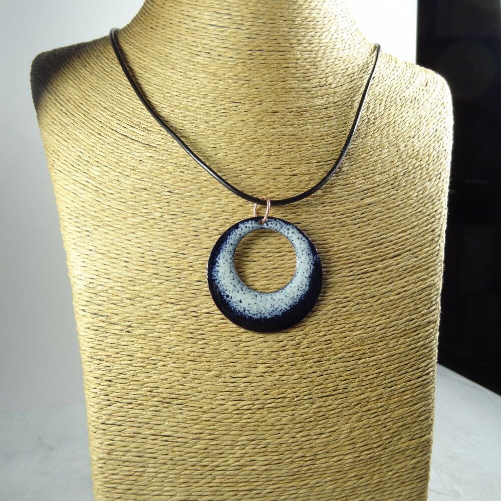 Handcrafted ivory and blue glass enamelled copper 38mm disc pendant, on an 18 inch black leather cord with lobster clasp (#0075)