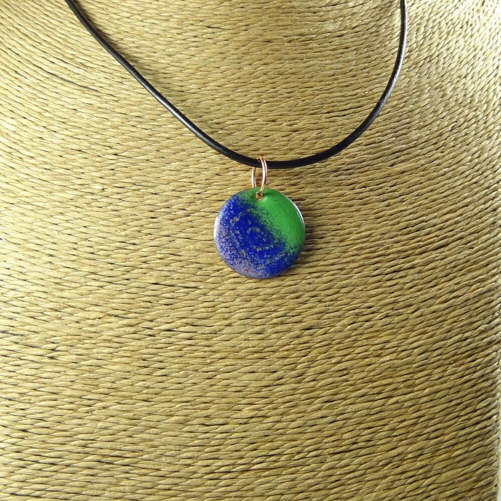 Handcrafted pink blue green glass enamelled copper 22mm disc pendant, on an 18 inch black leather cord with lobster clasp (#0112)