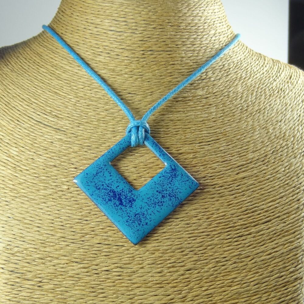 Handcrafted blue speckled rhombus 39x17mm glass enamelled copper pendant, on an 18 inch blue waxed cord with lobster clasp (#0074)