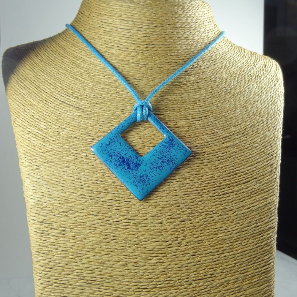 Handcrafted blue speckled rhombus 39x17mm glass enamelled copper pendant, on an 18 inch blue waxed cord with lobster clasp (#0074)