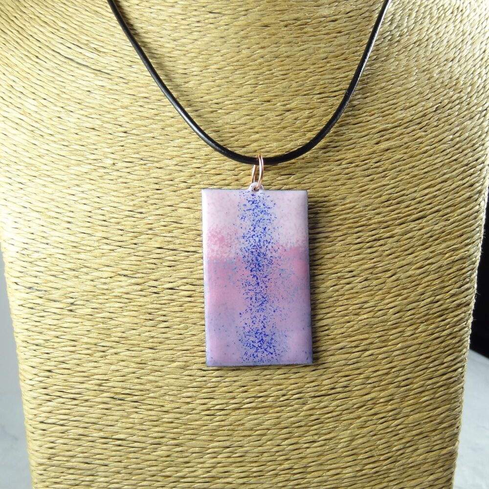 Handcrafted pink & blue glass enamelled copper 47x29mm pendant, on an 18 inch black leather cord with lobster clasp (#0113)