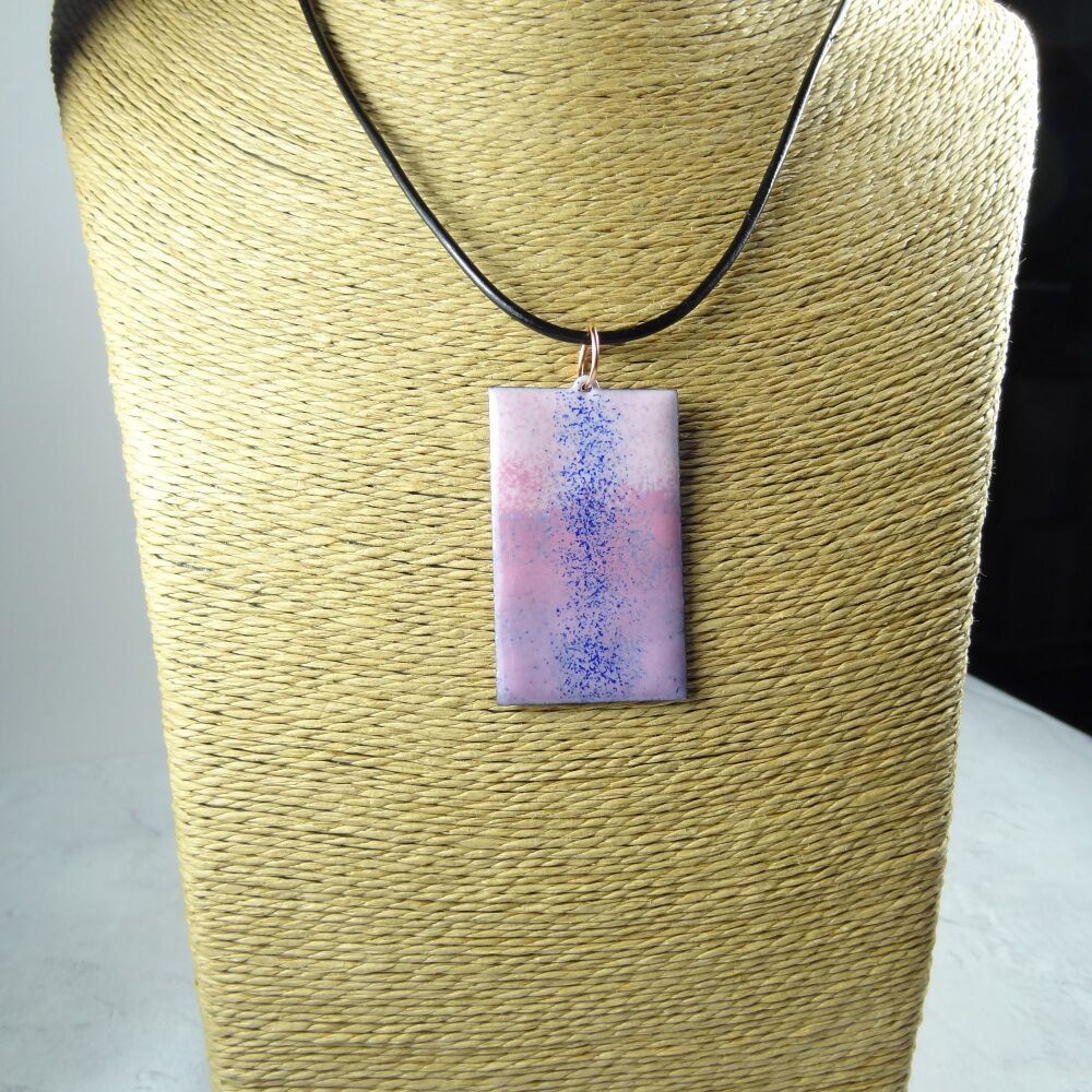 Handcrafted pink & blue glass enamelled copper 47x29mm pendant, on an 18 inch black leather cord with lobster clasp (#0113)