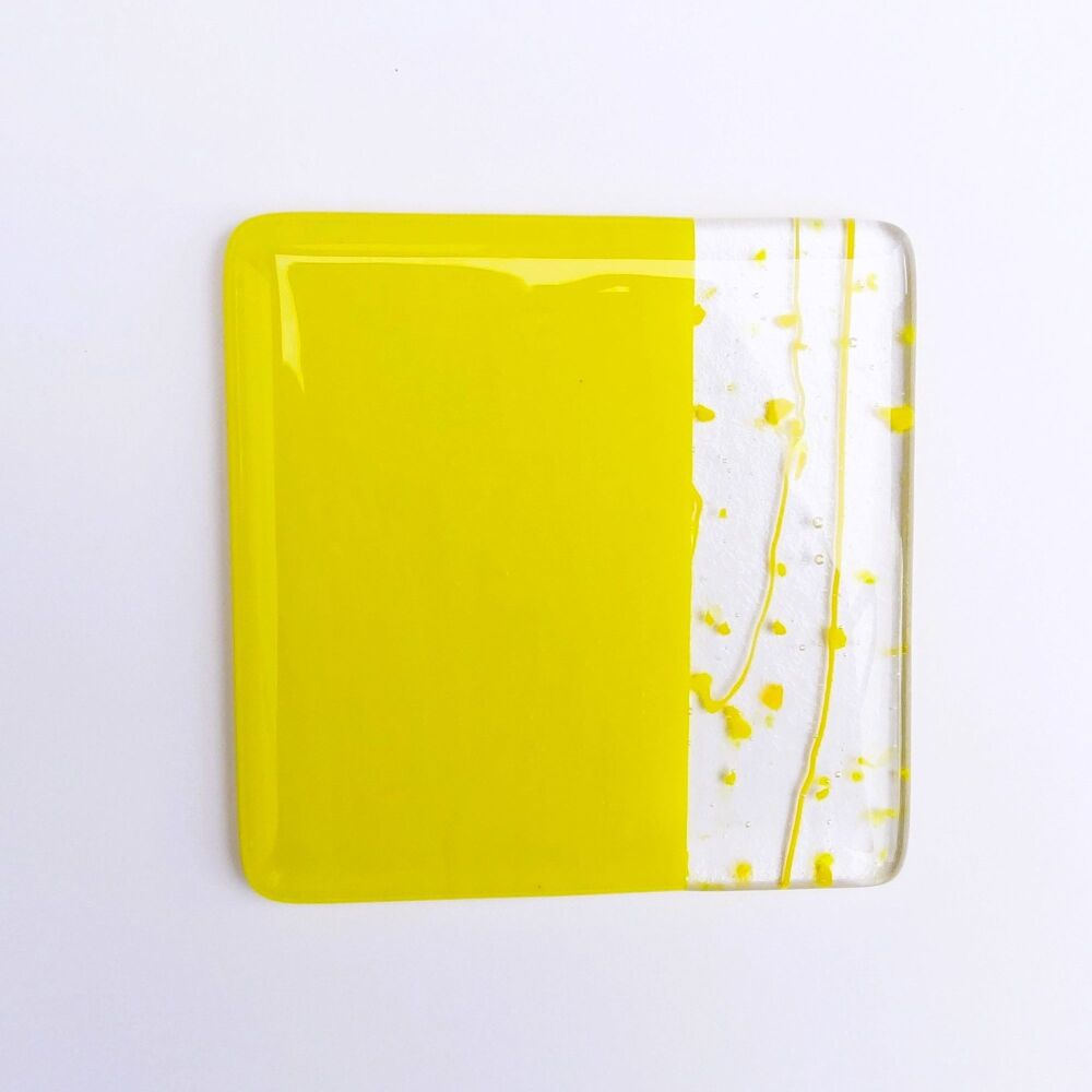 Handcrafted fused glass yellow collage coaster, with bumper feet, 9cm (#0118)