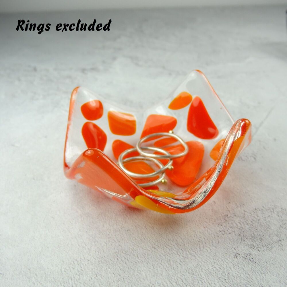 Orange mosaic fused glass trinket dish, rings, earrings, 6.5cm approx, handcrafted