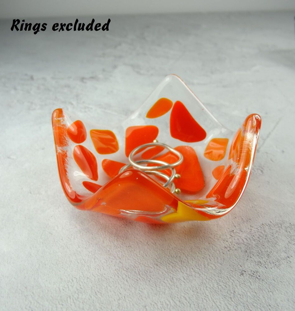 Orange mosaic fused glass trinket dish, rings, earrings, 6.5cm approx, handcrafted