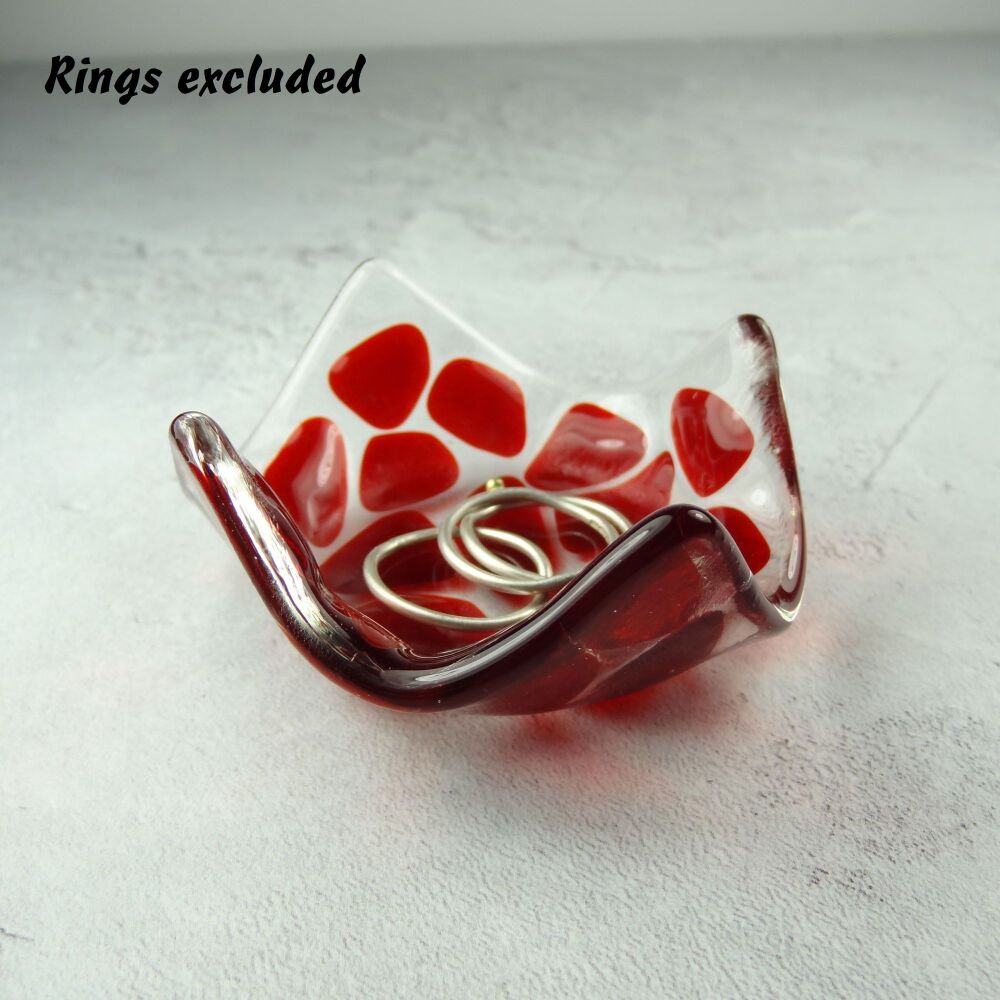 Red mosaic fused glass trinket dish, rings, earrings, 6.5cm approx, handcrafted