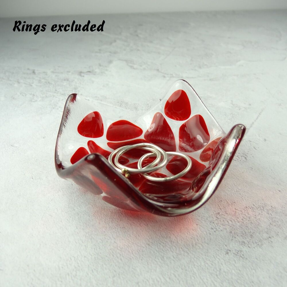 Red mosaic fused glass trinket dish, rings, earrings, 6.5cm approx, handcrafted