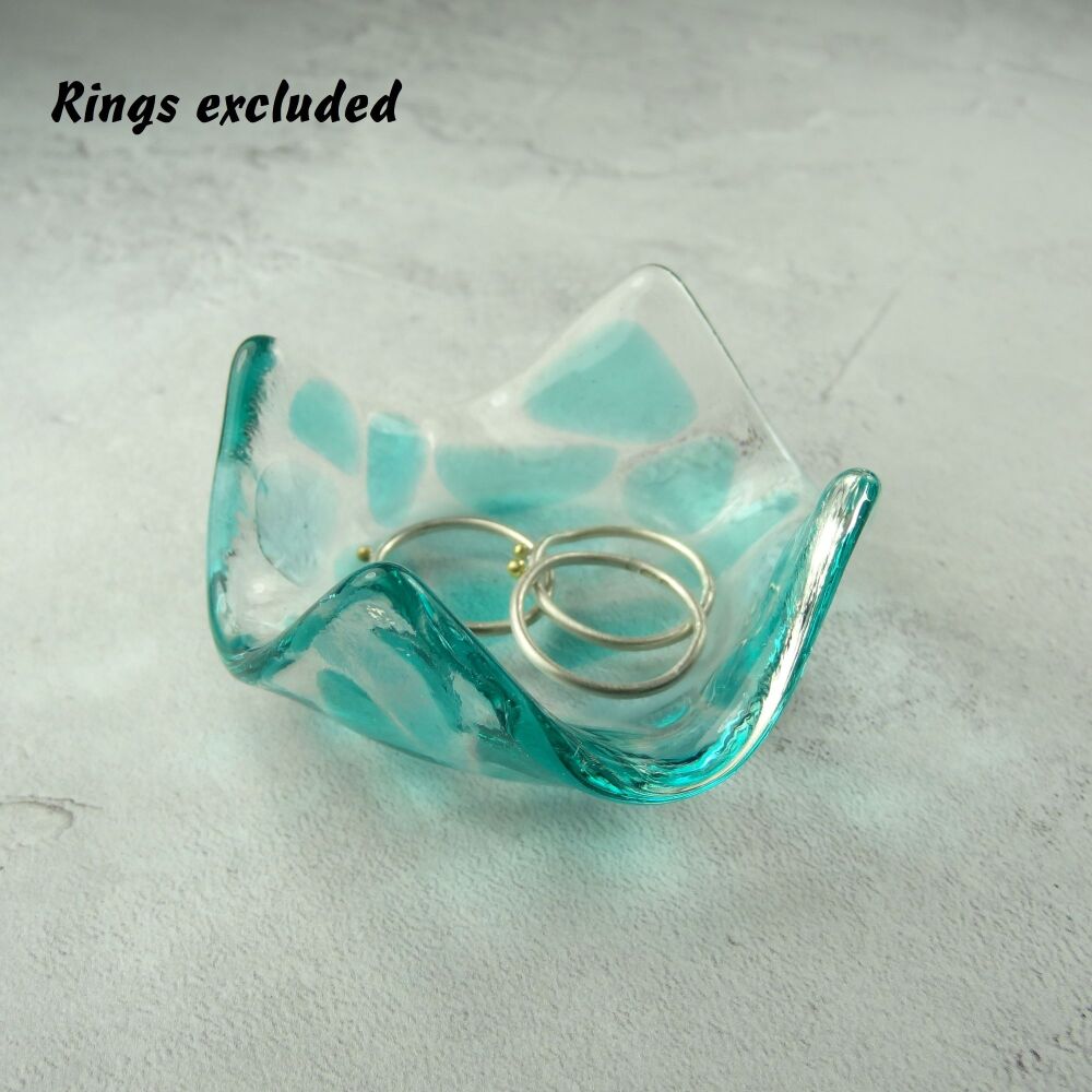 Turquoise mosaic fused glass trinket dish, rings, earrings, 6.5cm approx, handcrafted