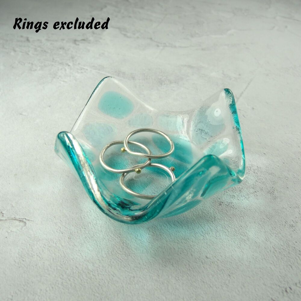 Turquoise mosaic fused glass trinket dish, rings, earrings, 6.5cm approx, handcrafted