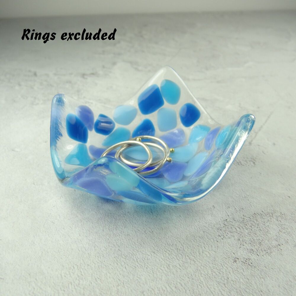 Light blue mosaic fused glass trinket dish, rings, earrings, 6.5cm approx, handcrafted
