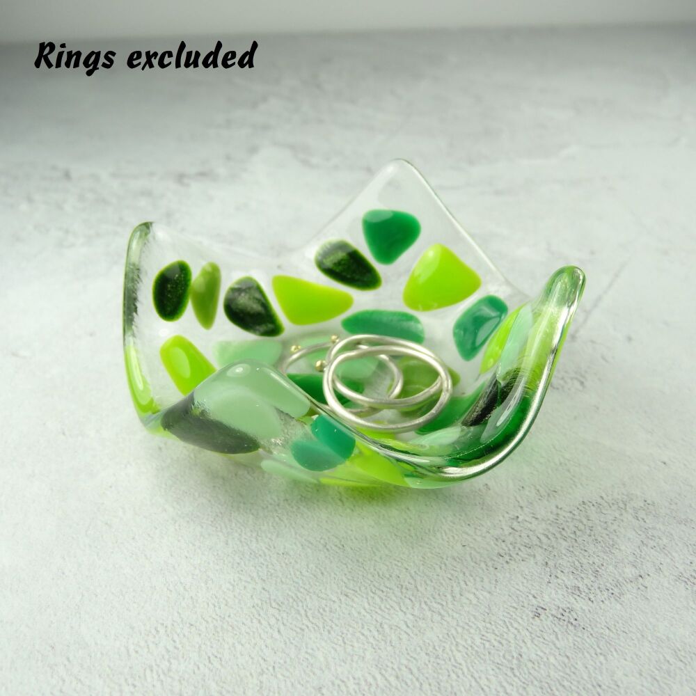 Light green mosaic fused glass trinket dish, rings, earrings, 6.5cm approx, handcrafted