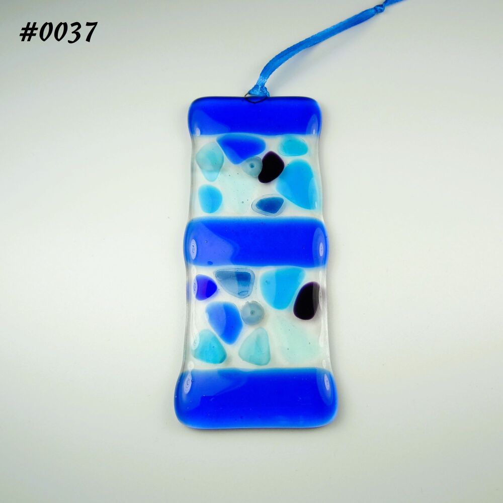 Handcrafted blue mosaic patterned fused glass long suncatcher - 5cm x 12cm (#37)