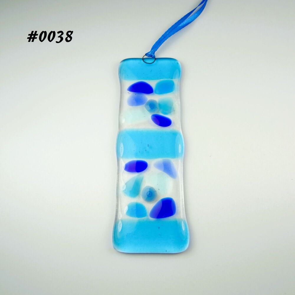 Handcrafted blue mosaic patterned fused glass long suncatcher - 4cm x 12cm (#38)