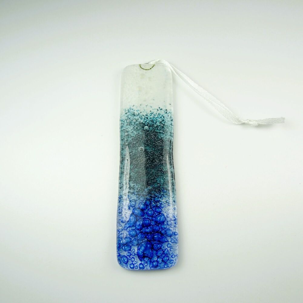 Handcrafted bubble fused glass suncatcher - white green blue - 3cm x 12cm (#0128)