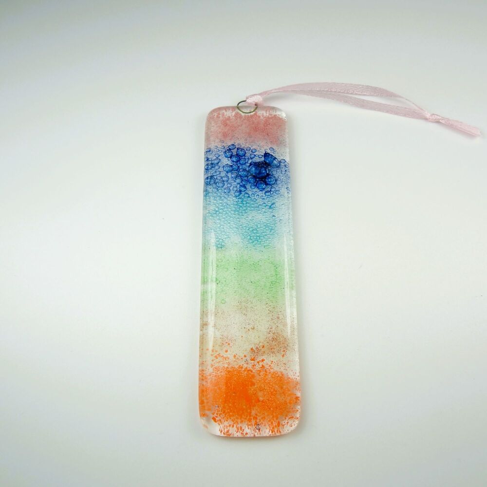 Handcrafted bubble fused glass suncatcher - pink blue green orange - 3cm x 12cm (#0125)