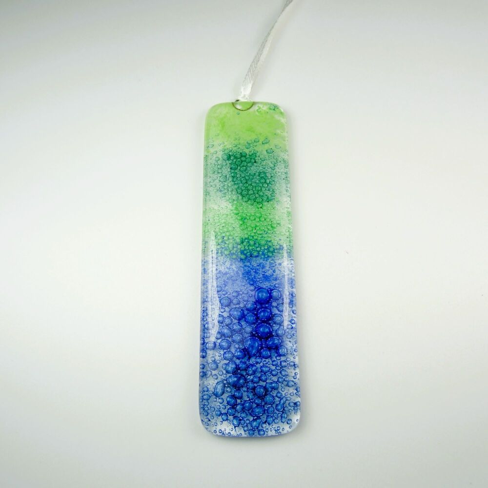 Handcrafted bubble fused glass suncatcher - blue and green - 3cm x 12cm (#0122)