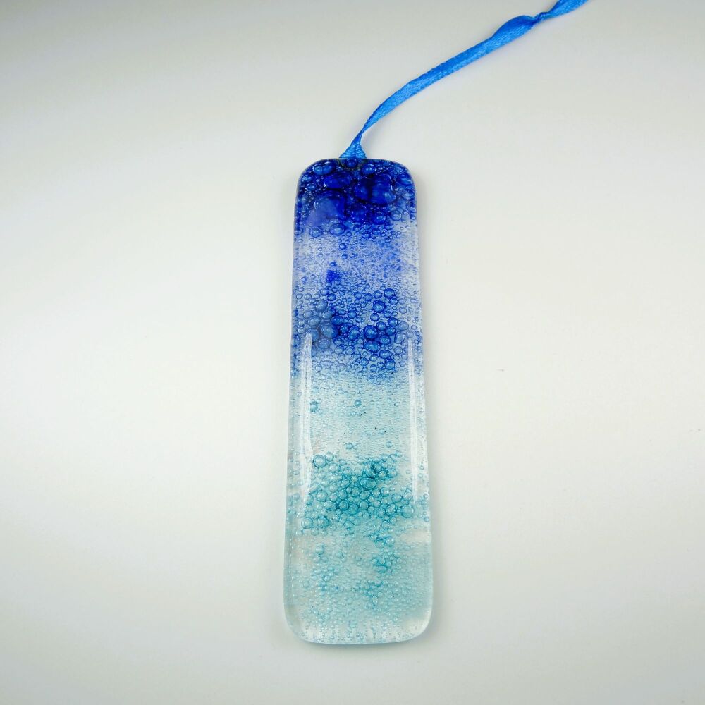 Handcrafted bubble fused glass suncatcher - blue and turquoise - 3cm x 12cm (#0129)